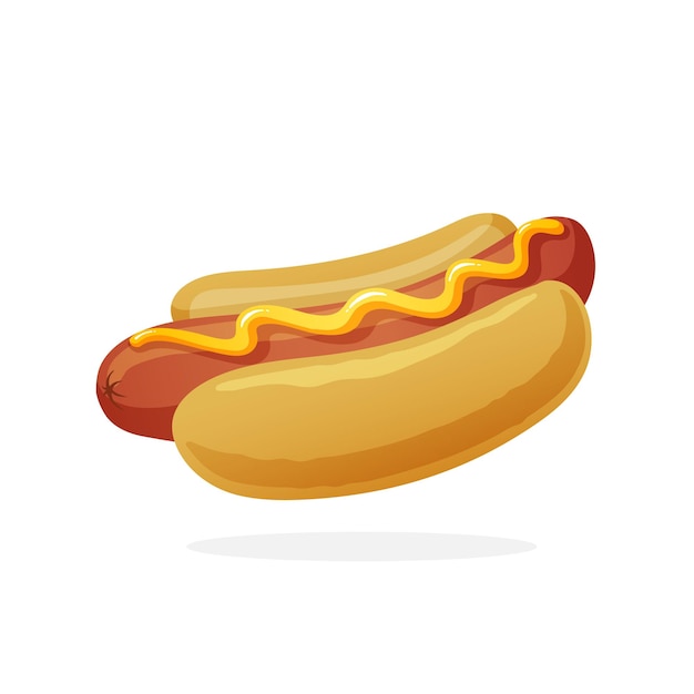 Vector illustration in flat style Hot dog with mustard Sausage in a bun Unhealthy food