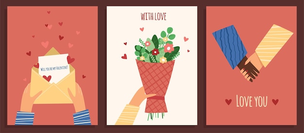 Vector illustration in flat style for Valentines Day cards A love letter a bunch of flowers and a couple holding hands