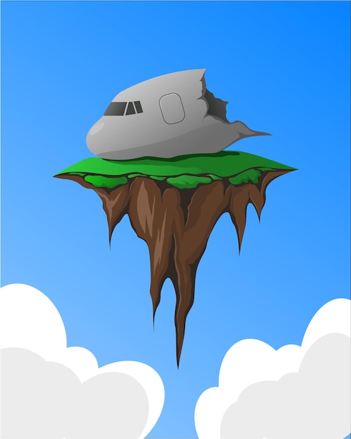 Vector illustration of floating island with broken airplane on top of it