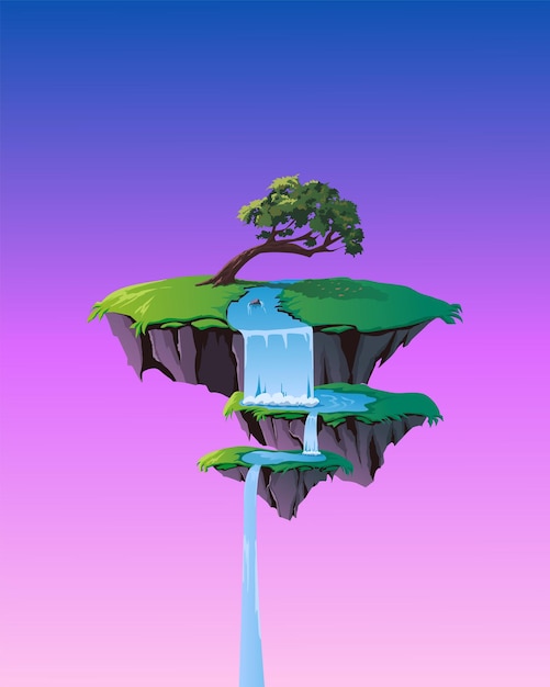 Vector vector illustration of floating island with waterfall