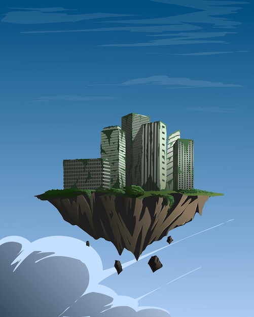 Vector Illustration of Flying Abandoned Cityscape