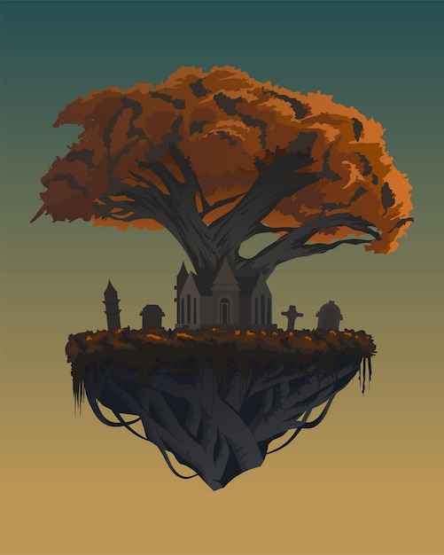 Vector illustration of flying big tree with cemetary