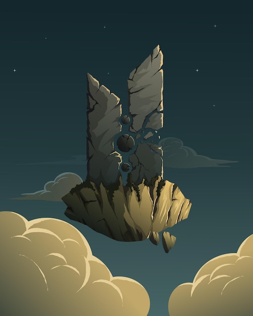 Vector Illustration of Flying Broken Ancient Monument