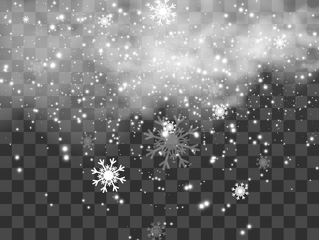 Vector illustration of flying snow on a transparent background.Natural phenomenon of snowfall