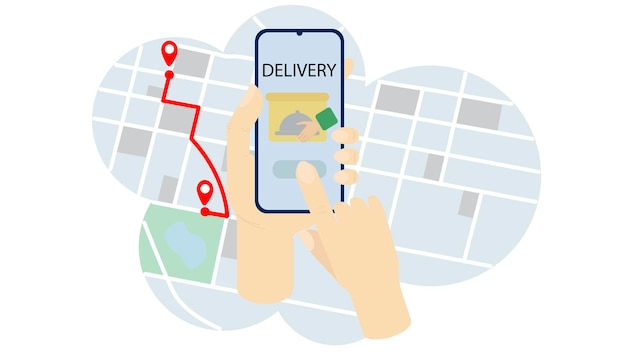 Vector illustration of food delivery ordered on phone with city map isolated in flat style