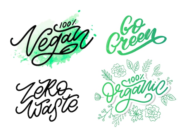 Vector illustration, food design. Handwritten lettering for restaurant, cafe menu. Vector elements for labels, logos, badges, stickers or icons. Calligraphic and typographic collection. Vegan menu