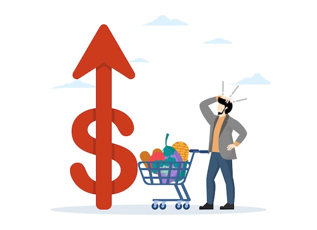 Vector vector illustration of food inflation with depressed businessman looking at rising inflation