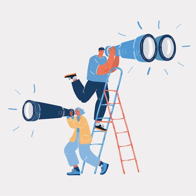 Vector illustration of forecast look into future Businessman looking into big binocular woman looking into spyglass