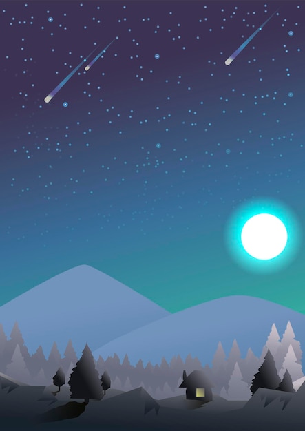 Vector illustration forest landscape moon mountains and forest color picture at night use for postcards sites books coloring books eps 10