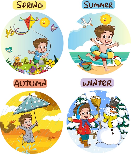 Vector vector illustration of four seasons with cartoon kid