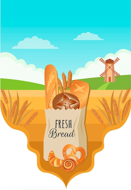 Vector illustration fresh bread rolls ciabatta in a bag on the background of a wheat field