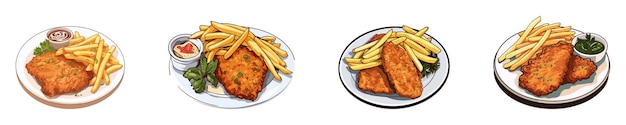 Vector vector illustration of fried chicken and fries served on plates with various dips ideal for fast food and meal concepts