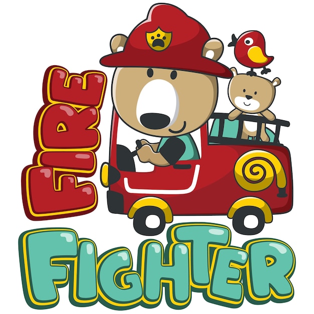 Vector illustration of funny bear firefighter on fire truck Creative vector childish background