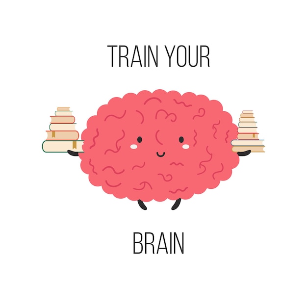 Vector illustration of a funny brain with piles of books