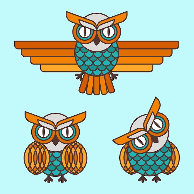 Vector vector illustration of funny cartoon owls icons in flat outline style