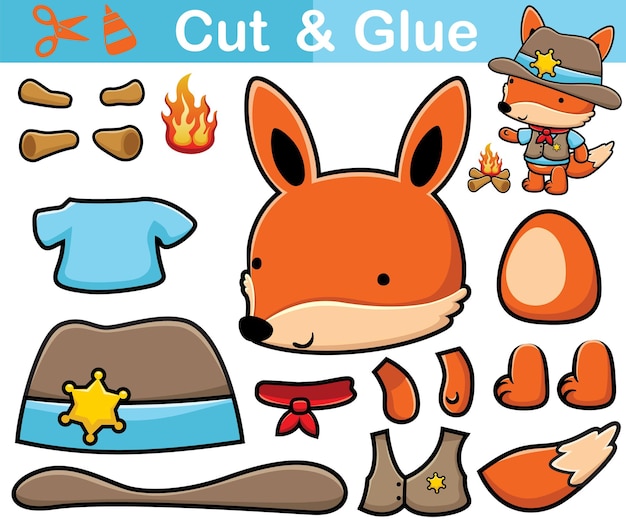 Vector illustration of funny fox cartoon in cowboy costume with bonfire. Cutout and gluing