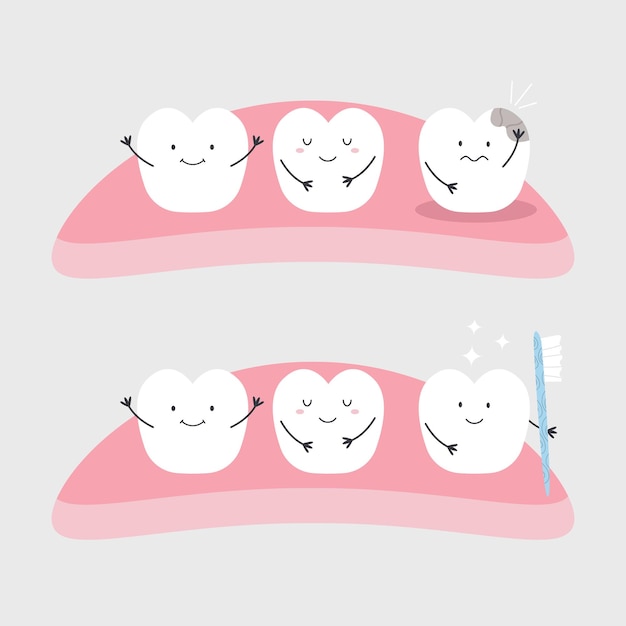 Vector illustration of funny healthy and ill teeth