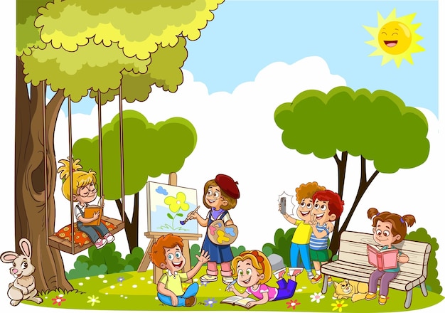 Vector Illustration Of Funny Kids Playing Outside