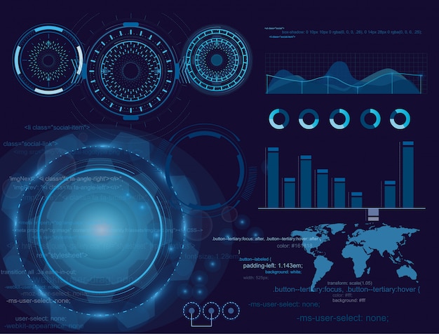 Vector illustration of futuristic display, interface hud design, infographic, scanning graph or waves, warning arrow and bar regulator. Tech and science, analysis theme.