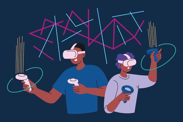 Vector illustration of gamers using virtual reality headsets and controllers father and kid playing