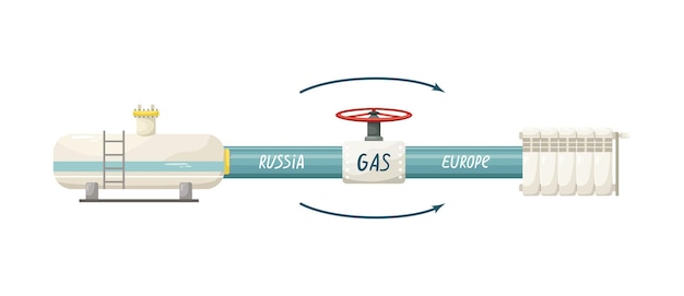 Vector illustration of a gas pipe from Russia to Europe Gas supply The embargo on the supply of gas from Russia Gas tank and heating radiator