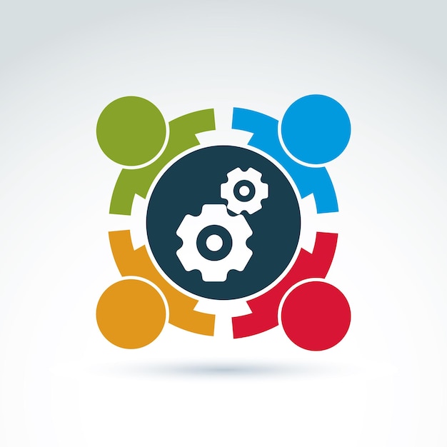 Vector illustration of gears - enterprise system theme, international business strategy concept. Cog-wheels, moving parts and people – components of manufacturing process.