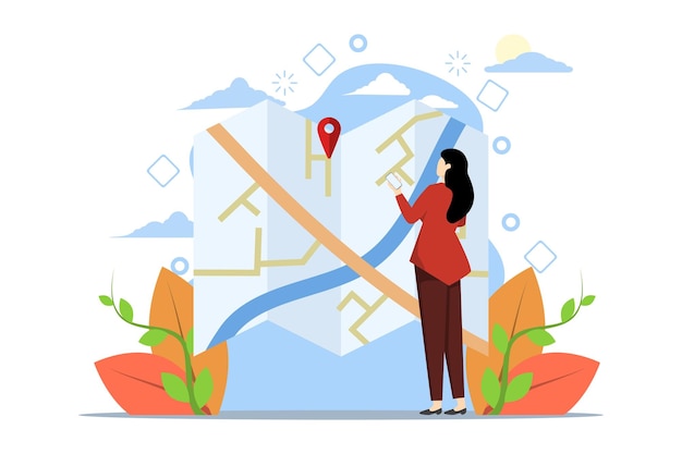 Vector vector illustration of geolocation or gps navigation concept with woman doing geotagging