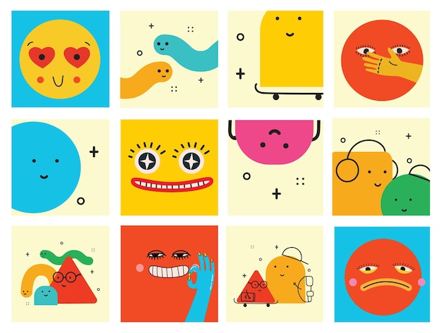 Vector illustration of geometric character shapes with face emotions cute colorful shape for children education