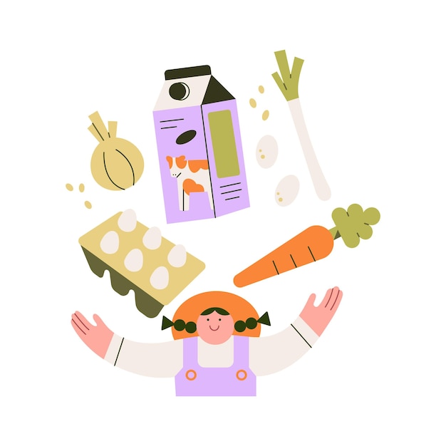 Vector vector illustration of a girl in apron surrounded by healthy food