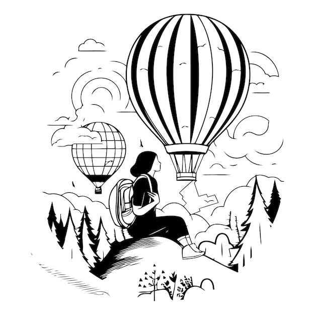 Vector illustration of a girl on the background of a hot air balloon