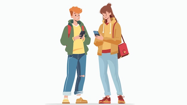 a vector illustration of a girl and a boy with a cell phone