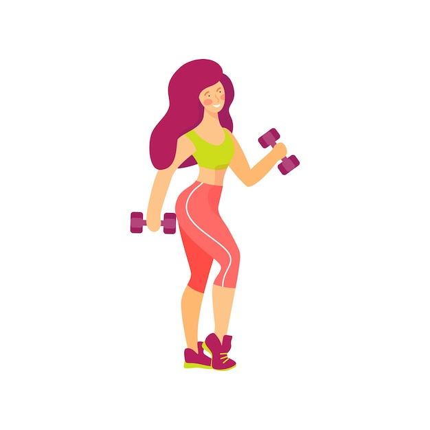 Vector illustration of a girl in a gym with dumbbells isolated on white.