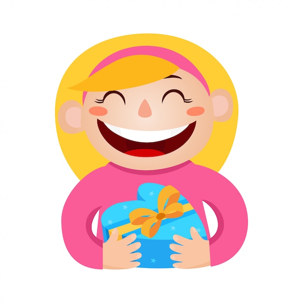 Vector illustration of girl holding a gift in wrapped heart-box