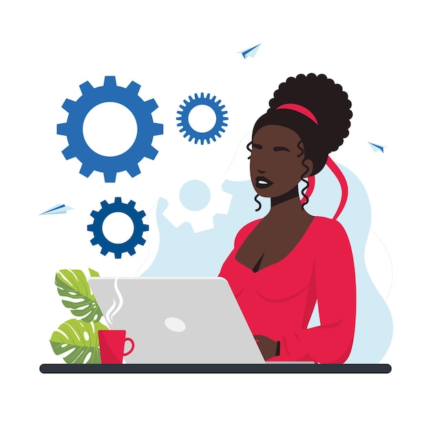 Vector illustration of girl online assistant at work. promotion in the network. manager at a remote job.a  business mechanism, abstract background with gears, business promotion, strategy analysis