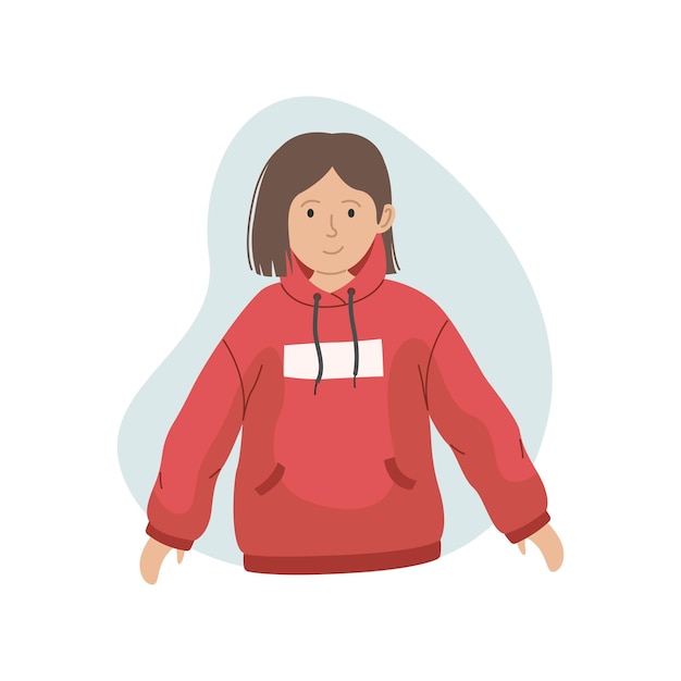 Vector illustration of a girl in a pink hoodie. Winter clothing.