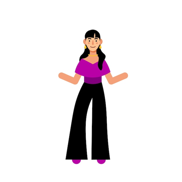 Vector illustration of girl in purple blouse black long pants with a gold necklace and precious earrings Long black hair Futurism concept Vector illustration for Business and Advertising