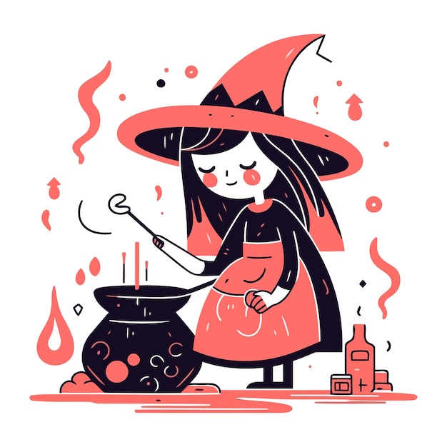 Vector vector illustration of a girl in a witch costume cooking potion in a pot