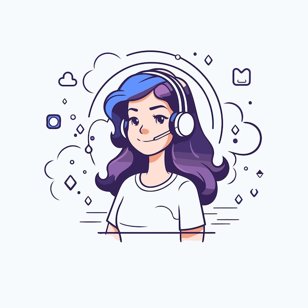 Vector illustration of a girl with headphones Call center customer support service