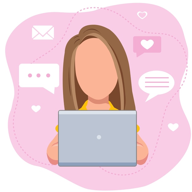 Vector illustration of a girl with a laptop on a pink background