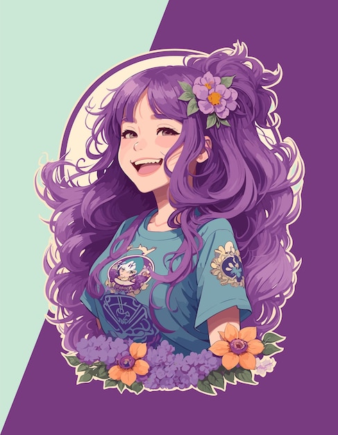 Vector Illustration of a Girl with Purple Hair Amidst Flowers Great for Stickers Logos TShirt