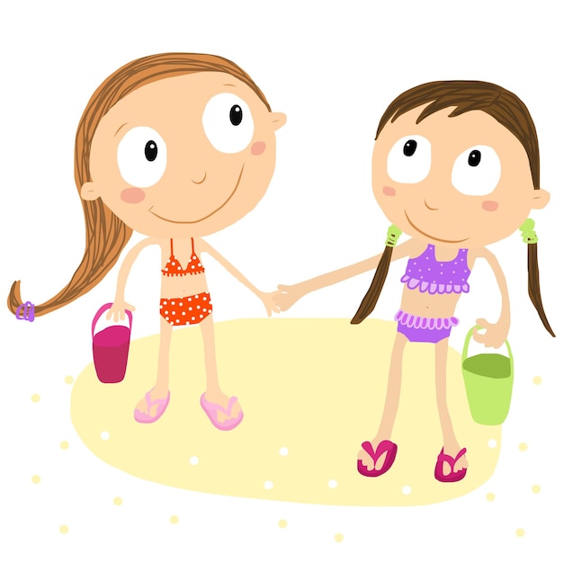 Vector vector illustration of girls with buckets playing on the beach