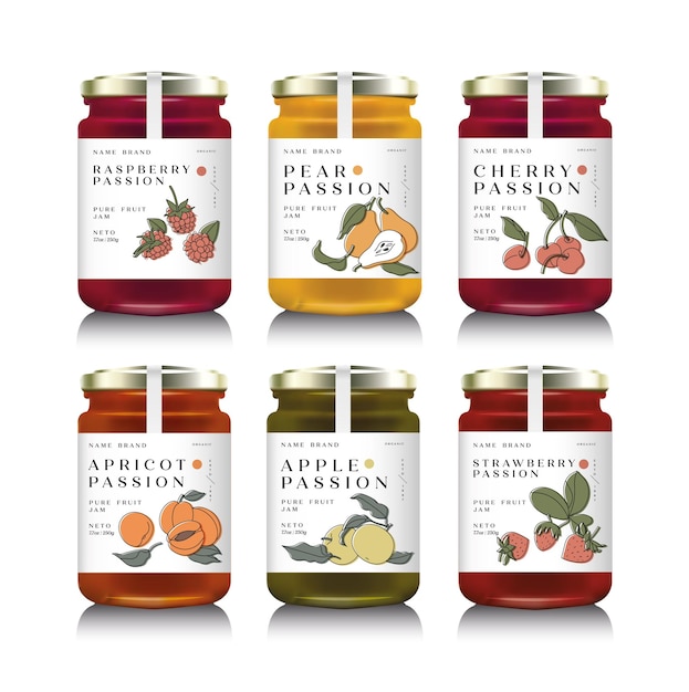 Vector illustration glass jars with with various of jam or honey Packaging collection Mock up jam jars with design labels