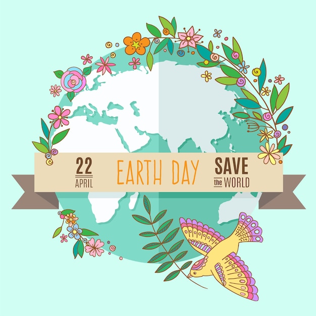 Vector illustration of globe surrounded by flowers and leaves. Poster of Earth Day.