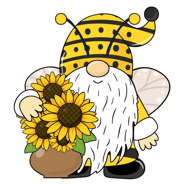 Vector vector illustration of a gnome with a flower for spring and summer cartoon style sunflower gnome