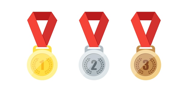 Vector illustration of gold silver and bronze medal and badge icons with red ribbons in flat style