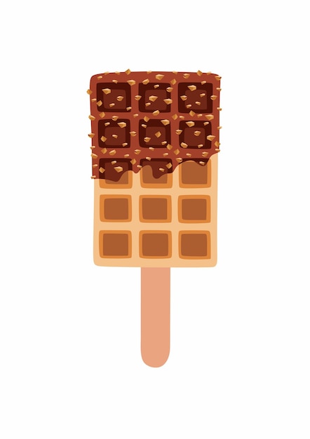 Vector illustration of golden brown homemade waffle on a stick with dark chocolate and nuts