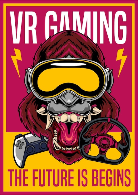 Vector Illustration of Gorilla with VR Glasses Game Steering Wheel and Joystick