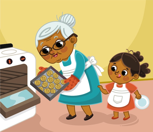 Vector illustration of grandmother and granddaughter baking cookies in the kitchen