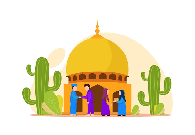 Vector illustration graphic of eid mubarak with Muslim Couple at the Mosque