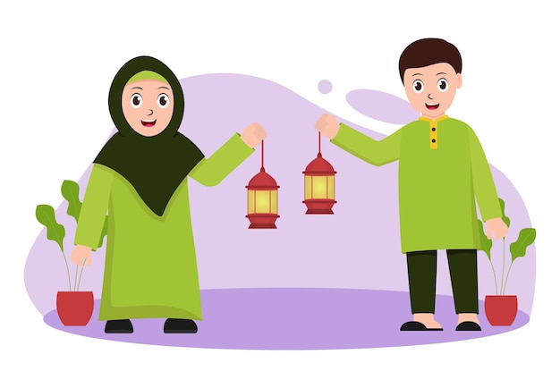 Vector illustration graphic of Muslim couple holding a lantern